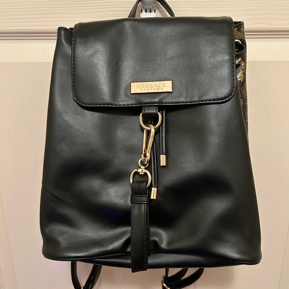 Versace Bags Versace Parfums Black Leather Backpack With Gold